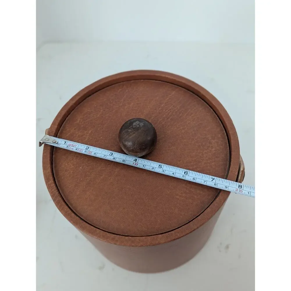 Vtg MCM Brown Faux Leather Ice Bucket Barware Wood Knob Retro 60s 70s
